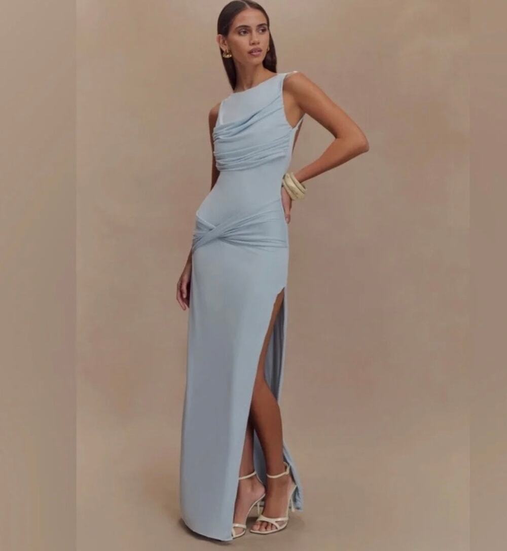 Meshki Henley Slinky Drape Maxi Dress Sz M Pale Blue